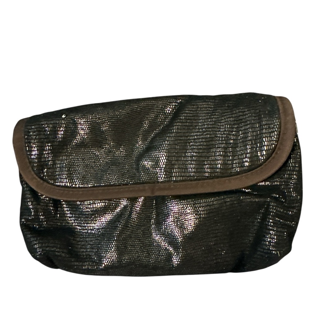Sonia Kashuk Shimmering Black Clutch brown trim clear zipper pockets new